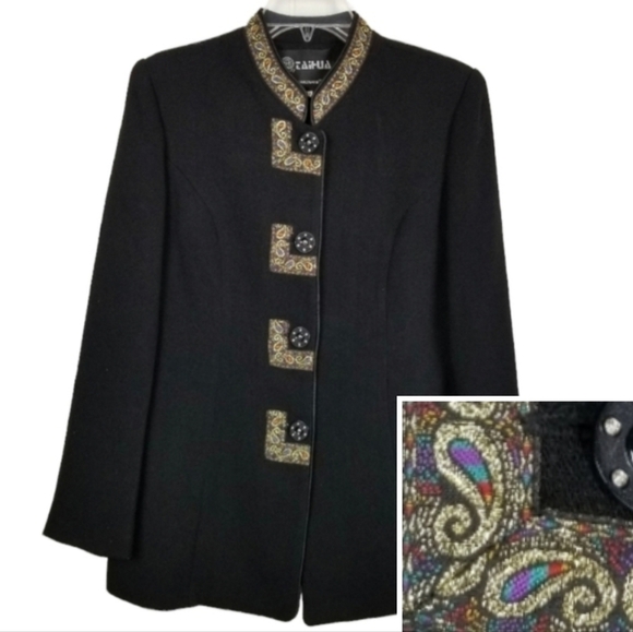 Blazer Linen Wool Cashmere Black Paisley Button Lined Military Jacket Mobwife - Picture 1 of 10